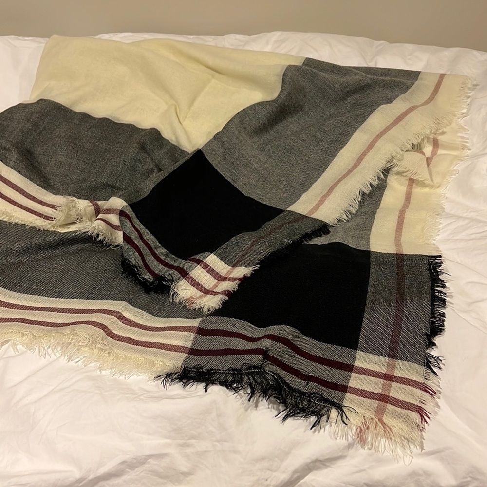Zara wrap - 50” x 50”, ivory, black and maroon plaid